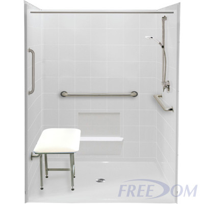 60 by 61 inch white Handicapped Accessible Shower, roll in threshold, center drain, 5 pieces