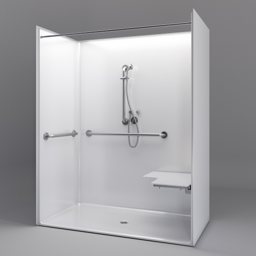 ADA shower stall - wheelchair roll in - bathroom compliant ADA Shower stall for bathroom compliance - L-shaped ADA seat and grab bars